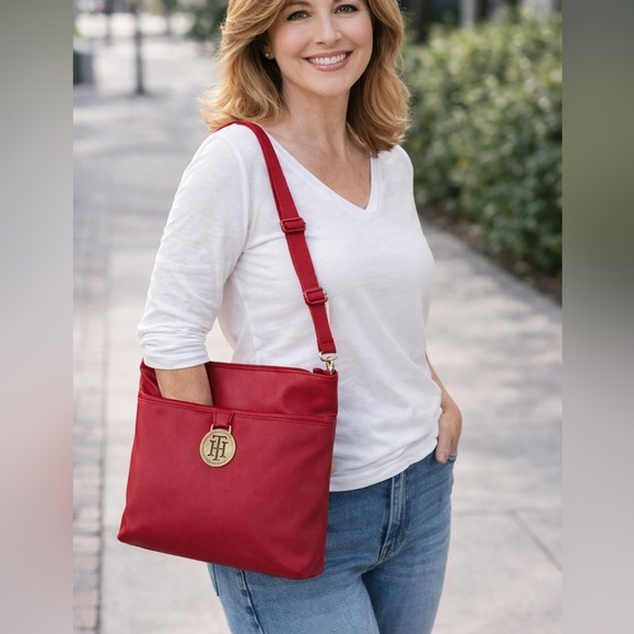 Tommy Hilfiger Handbags - Tommy Hilfiger Red Leather Crossbody Bag Red Canvas Adj Strap
